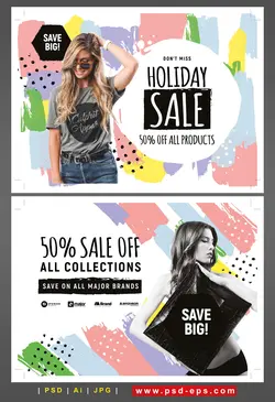 تراکت یا پوستر لایه باز تبلیغاتی فروشگاه های لباس زنانه و دخترانه با فروش مخصوص عید و دارای تخفیف با زمینه رنگ های پاستیلی و فانتزی و زمینه سفید