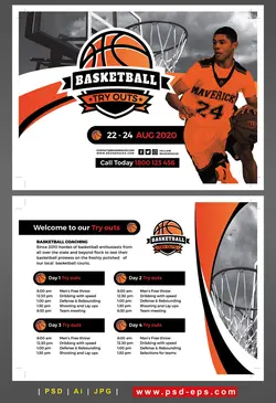 تراکت یا پوستر لایه باز تبلیغاتی بازی ها ، مسابقات و لیگ بسکتبال با تصویر سبد و تور و توپ و بسکتبالیست با زمینه سفید و نارنجی