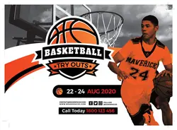 تراکت یا پوستر لایه باز تبلیغاتی بازی ها ، مسابقات و لیگ بسکتبال با تصویر سبد و تور و توپ و بسکتبالیست با زمینه سفید و نارنجی