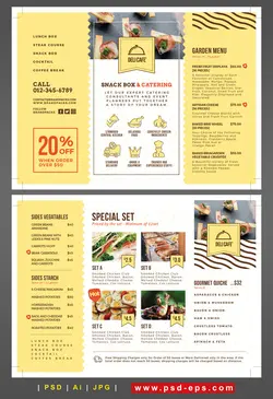 بروشور سه لت لایه باز تبلیغاتی منوی رستوران با غذاهای مختلف از جمله گیاهی و رژیمی یا منوی رستوران با زمینه به رنگ زرد و سفید