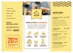 بروشور سه لت لایه باز تبلیغاتی منوی رستوران با غذاهای مختلف از جمله گیاهی و رژیمی یا منوی رستوران با زمینه به رنگ زرد و سفید