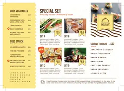 بروشور سه لت لایه باز تبلیغاتی منوی رستوران با غذاهای مختلف از جمله گیاهی و رژیمی یا منوی رستوران با زمینه به رنگ زرد و سفید