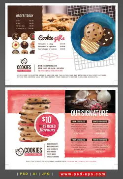 تراکت یا پوستر شیرینی فروشی خانگی و شیرینی های خشک با تصاویر شیرینی و بیسکوییت با رنگ قهوه ای و صورتی