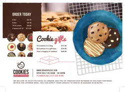 تراکت یا پوستر شیرینی فروشی خانگی و شیرینی های خشک با تصاویر شیرینی و بیسکوییت با رنگ قهوه ای و صورتی