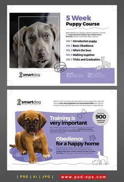 تراکت یا پوستر لایه باز مرکز نگهداری یا درمان حیوانات خانگی بویژه سگ با تصاویر سگ یا دانلود پوستر یا تراکت لایه باز کلینیک دامپزشکی با زمینه سیفد و بنفش