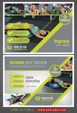 پوستر یا تراکت تبلیغاتی بدنسازی بانوان با دستگاه ها و وسایل ورزشی تناسب اندام یا دوره های بدنسازی ، فیتنس ، پیلاتس ، ایروبیک ، زومبا و ...با زمینه سبز و طوسی