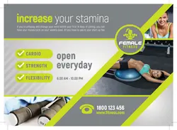 پوستر یا تراکت تبلیغاتی بدنسازی بانوان با دستگاه ها و وسایل ورزشی تناسب اندام یا دوره های بدنسازی ، فیتنس ، پیلاتس ، ایروبیک ، زومبا و ...با زمینه سبز و طوسی