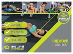 پوستر یا تراکت تبلیغاتی بدنسازی بانوان با دستگاه ها و وسایل ورزشی تناسب اندام یا دوره های بدنسازی ، فیتنس ، پیلاتس ، ایروبیک ، زومبا و ...با زمینه سبز و طوسی