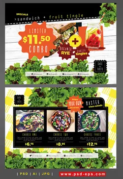 تراکت لایه باز تبلیغاتی ساندویچ فروشی با سبزیجات و مواد اولیه تازه یا رستوران های غذاهای رژیمی