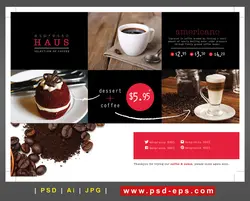 تراکت یا پوستر تبلیغاتی لایه باز کافی شاپ با تصاویر فنجان قهوه و لیوان نسکافه و کافی میکس و کیک و دانه های قهوه و پودر قهوه با زمینه سفید و مشکی