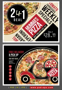 تراکت لایه باز تبلیغاتی فست فود یا پیتزا فروشی یا کترینگ با تصویر پیتزا با پیک موتوری با تصاویر پیتزای دونفره و زمینه یک رو سفید و یک رو مشکی