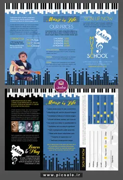بروشور سه لت لایه باز مدرسه موسیقی یا مربیان آموزش گیتار و موسیقی با زمینه آبی