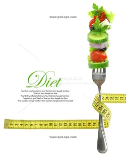 عکس با کیفیت چنگال حاوی سبزیجات و سیفی جات با متر جهت مفهوم رژیم غذایی سبزیجات و رژیم غذایی سالم بر روی زمینه سفید