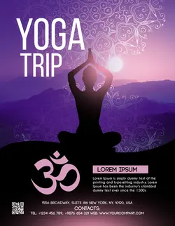 تراکت و پوستر لایه باز ورزش یوگا + PSD با سایه فردی در حال یوگا و ریلکس کردن در طبیعت و دامنه کوه با آفتاب زیبا ئ و زمینه صورتی و بنفش