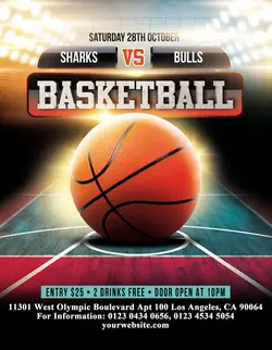 تراکت و پوستر لایه باز ورزش بسکتبال + PSD با تصویر توپ بستکبال بر روی زمین بستکبال و ورزشگاه