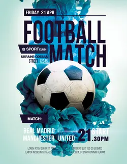 تراکت و پوستر لایه باز ورزش فوتبال یا مدرسه فوتبال + PSD یا مسابقات فوتبال با زمینه سفید و آبی و توپ فوتبال