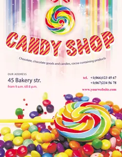 تراکت و پوستر لایه باز آبنبات و شکلات و شیرینی + PSD یا دانلود تراکت لایه باز شیرینی و شکلات فروشی با تصویر آبنبات چوبی و دراژه های رنگی و زمینه سفید