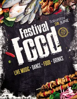 تراکت و پوستر لایه باز رستوران و فستیوال غذایی + PSD با تصاویر ماهی های خام و زمینه تخته سیاه و سبزیجات