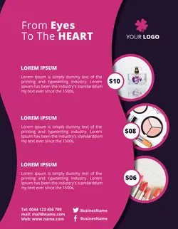 طرح لایه باز تراکت تبلیغاتی فروشگاه لوازم آرایشی بهداشتی ادکلن سایه چشم سایه گونه کرم پودر رژ لب بهمراه بن تخفیف off با طیف رنگی بنفش