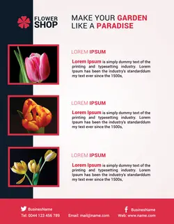 تراکت لایه باز فروشگاه گل و گیاه گلفروشی گل فروشی با خدمات تاج گل سبد گل گلدان گل های هلندی لاله با تم رنگی مشکی صورتی و سفید