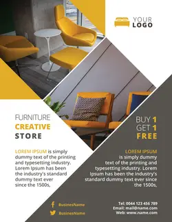 طرح لایه باز تراکت فروشگاه گالری مبلمان کلاسیک مدرن و تجهیزات مبلمان اداری با طیف رنگی زرد خردلی و طوسی و دکوراسیون داخلی