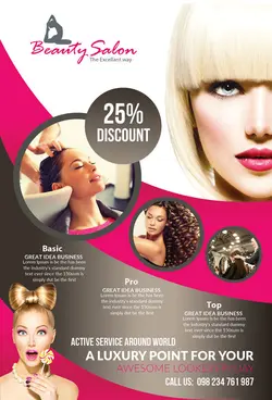 طرح لایه باز تراکت سالن زیبایی آرایشگاه مرکز زیبایی عروس بانوان دختران با خدمات میکاپ شنییون گریم اکستنشن مو پاک سازی پوست و پاک سازی صورت اپیلاسیون با تم و رنگ صورتی طوسی خاکستری به همراه بن تخفیف off