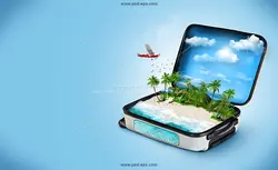 عکس با کیفیت فانتزی سفر به سواحل ، جزیره ای در دل چمدان با آسمان آبی و ساحل زیبا و مواج و هواپیمای شخصی با پس زمینه آبی