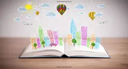 عکس باکیفیت شهر نقاشی روی کتاب باز با تصاویر ساختمان ها و ماشین ها بر روی کتاب و بالن و هواپیما در اسمان