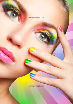 عکس با کیفیت گریم و آرایشی رنگارنگ و فانتزی مورد استفاده فروشندگان رلوازم آرایشی بانوان با سایه رنگین کمونی