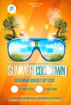 بروشور لایه باز تبلیغاتی تفریحات ، برنامه ها و اردوهای تابستانی با تصویر نخل و کویر با تصویر فانتزی عینک آفتابی و نخل ها و توپ های رنگی با زمینه ی نقطه دار و زرد رنگ