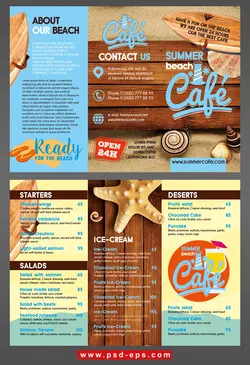 بروشور سه لت لایه باز کافی شاپ یا کافه تریای ساحلی با غذاهای دریایی و نوشیدنی با تصویر زمینه میز چوبی و با تصاویر ستاره دریایی و صدف های دریایی