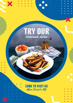 تراکت ویژه رستوران ها و کترینگ و فست فود با پس زمینه زرد و آبی و تصویر درون دایره با بشقاب غذا و سبزیجات و چاقو و نان