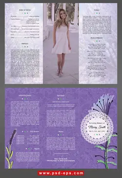 بروشور سه لت لایه باز مزون لباس یا آتلیه عکس یا خیاطی بانوان و لباس عروس با رنگ سفید و بنفش با زمینه گل های زیبا و تصویر خانمی ایستاده و شاد