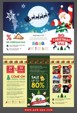 بروشور سه لت یا تراکت لایه باز فروش همراه تخفیف زمستانه ویژه شب عید با تصاویر بابانوئل و جشن کریسمس و طراحی فانتزی