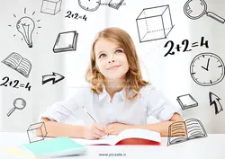 عکس های با کیفیت کودک دختر در حال مطالعه ، تفکر و کار با لب تاپ با زمینه آیکون های آموزشی یا دانلود عکس با کیفیت دختر بچه در حال تفکر با کتاب باز روی میز و زمینه روشن و سفید با آیکون های ریاضی و اعداد و لامپ و کتاب و قطعات پازل