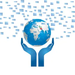 عکس با کیفیت بالا کره زمین در دست با شاخص شدن ایران بوسیله پرچم ایران درون نقشه ایران با پس زمینه سفید و مستطیل های آبی