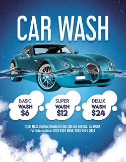 تراکت و پوستر لایه باز کارواش و ماشین شویی + PSD با عکس فانتزی ماشین قدیمی در آب