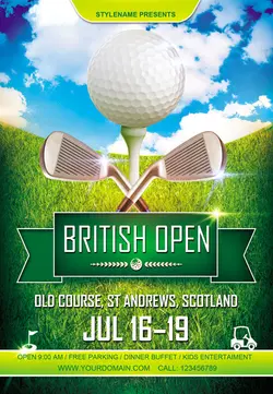 تراکت و پوستر لایه باز ورزش گلف + PSD با عکس توپ گلف و پوب گلف و زمین گلف و آسمان آبی