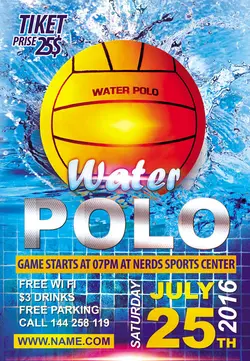 تراکت و پوستر لایه باز ورزش واترپلو + PSD با تصویر توپ واترپلو و استخر