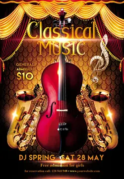 تراکت و پوستر لایه باز موسیقی یا کنسرت موسیقی + PSD یا پوستر فانتزی آلات موسیقی و موسیقی کلاسیک مانند گیتار و شیپور و پرده های روی صحنه با طراحی زیبا