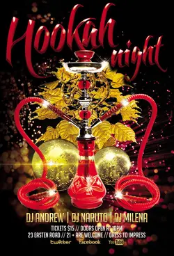 تراکت و پوستر لایه باز قلیان و کافه + PSD با تصویر قلیان عربی و توپ رقص نور و پس زمینه شاد و زیبا