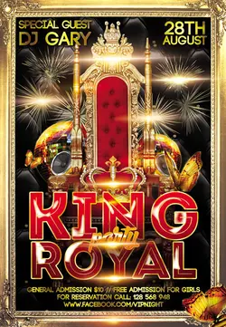 تراکت و پوستر لایه باز تخت پادشاهی یا صندلی پادشاهی + PSD یا دانلود پوستر جشن و مهمانی با تصویر صندلی سلطنتی و تاج پادشاهی و توپ رقص نور و بلندگو و پروانه های طلایی رنگ و منور