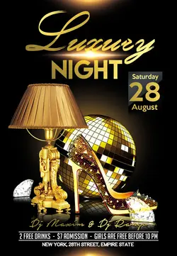 تراکت و پوستر لایه باز چراغ خواب و کفش پاشنه بلند + PSD یا دانلود پوستر دعوت به جشن و مهمانی با تصویر آباژور و توپ رقص نور و کفش با تم مشکی طلایی