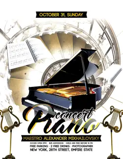 تراکت و پوستر لایه باز پیانو و موسیقی + PSD به همراه راه پله های زیبا در پس زمینه و پیانو شیک و مشکی و دفتر موسیقی