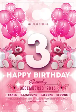 پوستر یا کارت دعوت لایه باز جشن تولد کودکان با رنگ صورتی و تصاویر عروسک و بادکنک یا پوستر لایه باز دعوت تولد سه سالگی با عدد سه لاتین و خرس و بادکنک و رنگ صورتی