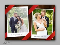 قاب ، فریم و فون عکس لایه باز مناسب تصاویر عروسی با روبان های قرمز در سه مدل مختلف با پس زمینه چوبی