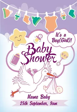 تراکت و پوستر لایه باز نمایشگاه لوازم نوزاد و سیسمونی + PSD با تصاویر فانتزی لک لکی در حال آوردن نوزاد و وسایل نوزاد در پس زمینه