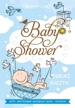 تراکت و پوستر لایه باز نمایشگاه لوازم نوزاد و سیسمونی + PSD با پس زمینه آسمان و ابرها و نوزاد در گهواره و پرنده های در حال حمل نوزاد