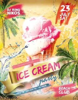 تراکت و پوستر لایه باز بستنی فروشی و کافی شاپ + PSD با پس زمینه جزیره ی زیبا و بستنی قیفی در دست و درخت های نخل