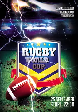 تراکت و پوستر لایه باز ورزش راگبی + PSD با تصویر ورزشگاه و توپ راگبی